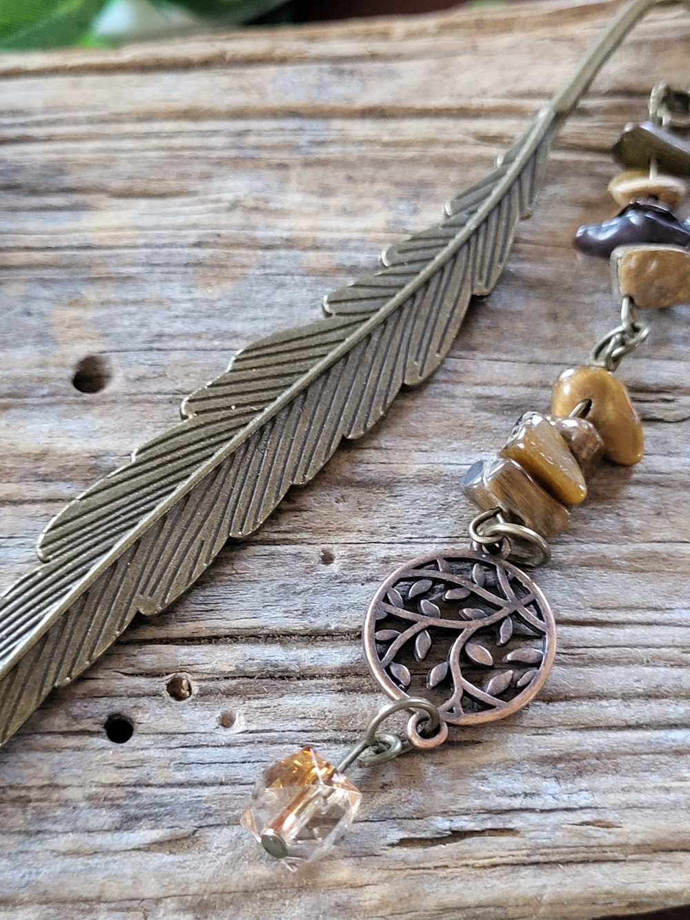 Boho Feather Bookmark with Tiger Eye Accents